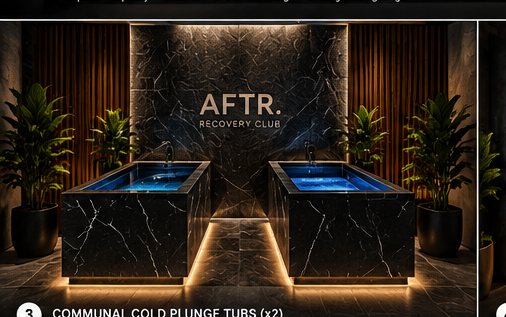 AFTR concept showing cold plunge tubs with dark stone surrounds